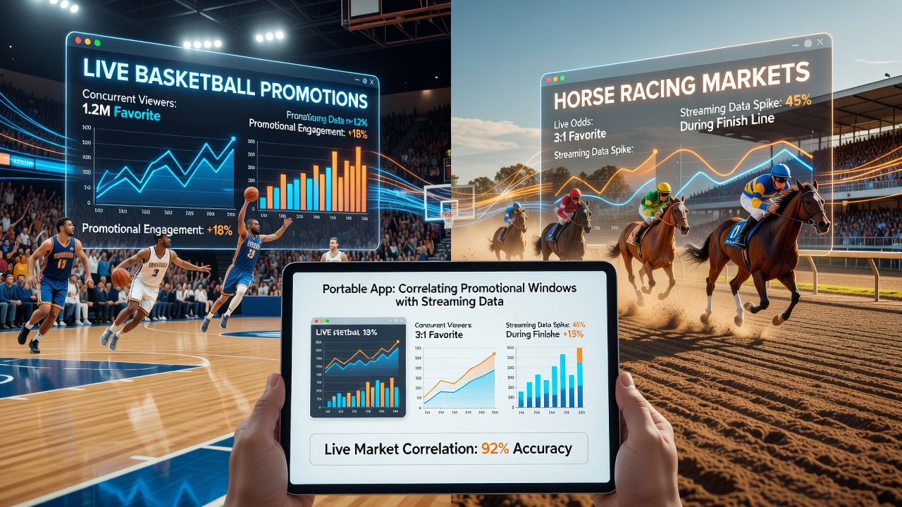 Mobile App zeigt synchronisierte Werbefenster und Live-Streaming-Daten für Basketball- und Pferderennmärkte