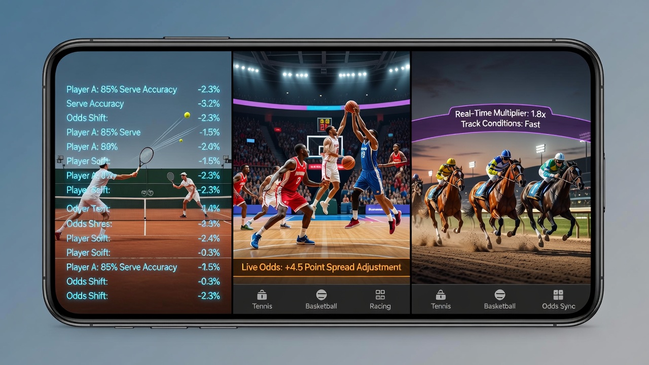 Mobile App Oberfläche zeigt synchronisierte Video-Feeds und Quoten für Tennis Basketball und Rennsport