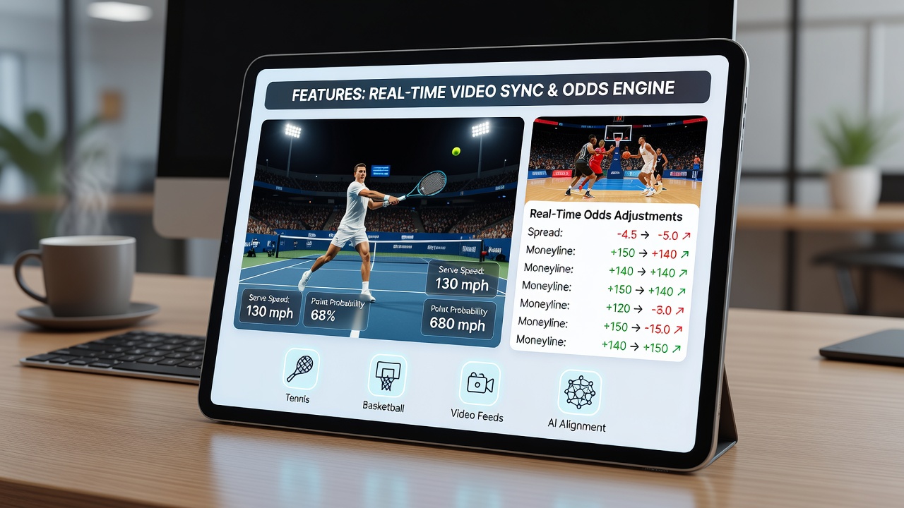 Detailansicht einer App mit Live-Video und angepassten Quoten während eines Basketball-Spiels