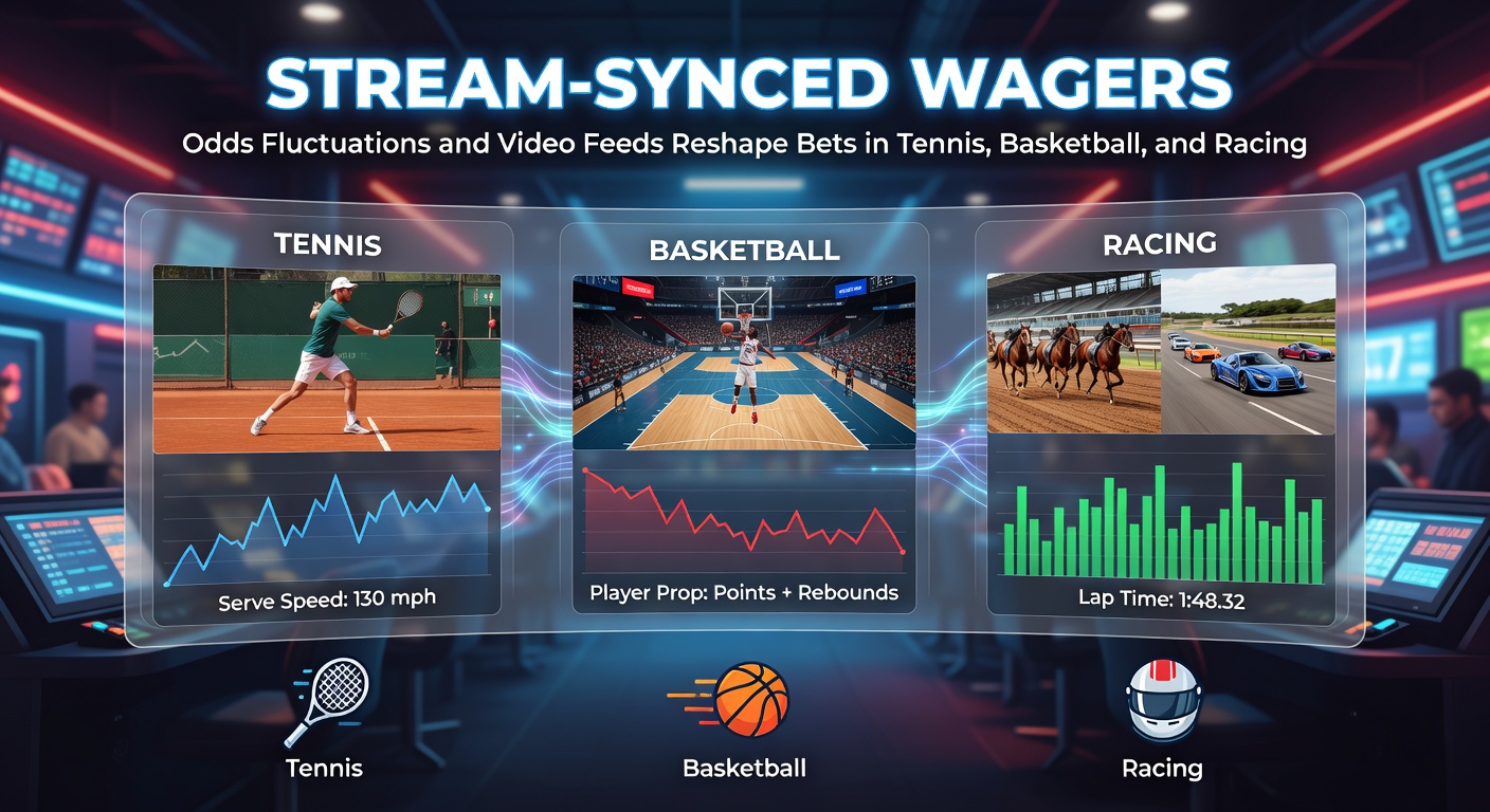 Live-Stream eines Tennis-Matches mit schwankenden Quoten auf dem Bildschirm, der die Dynamik von Stream-Synced Wetten zeigt